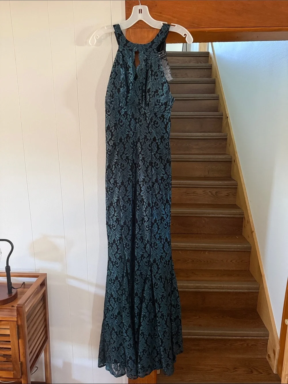David's Bridal Teal Lace Halter Prom Dress